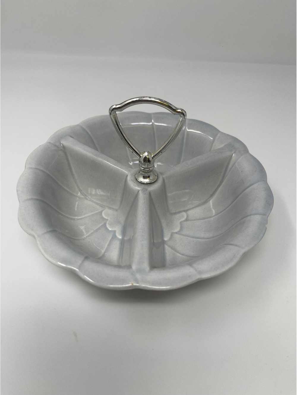 Vintage USA Pottery Blue Divided Serving Dish With Chrome Handle Barware MCM 8”